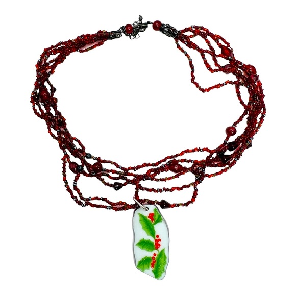English Fine Bone China Holly Tree Handcrafted Pendant W VNTG Multi Strand Beads - Picture 7 of 10